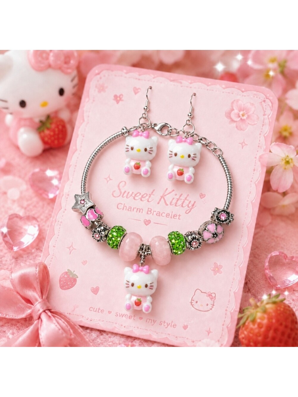 Kawaii Sanrio Hello Kitty Crystal Bead Charm Bracelet & Earrings New